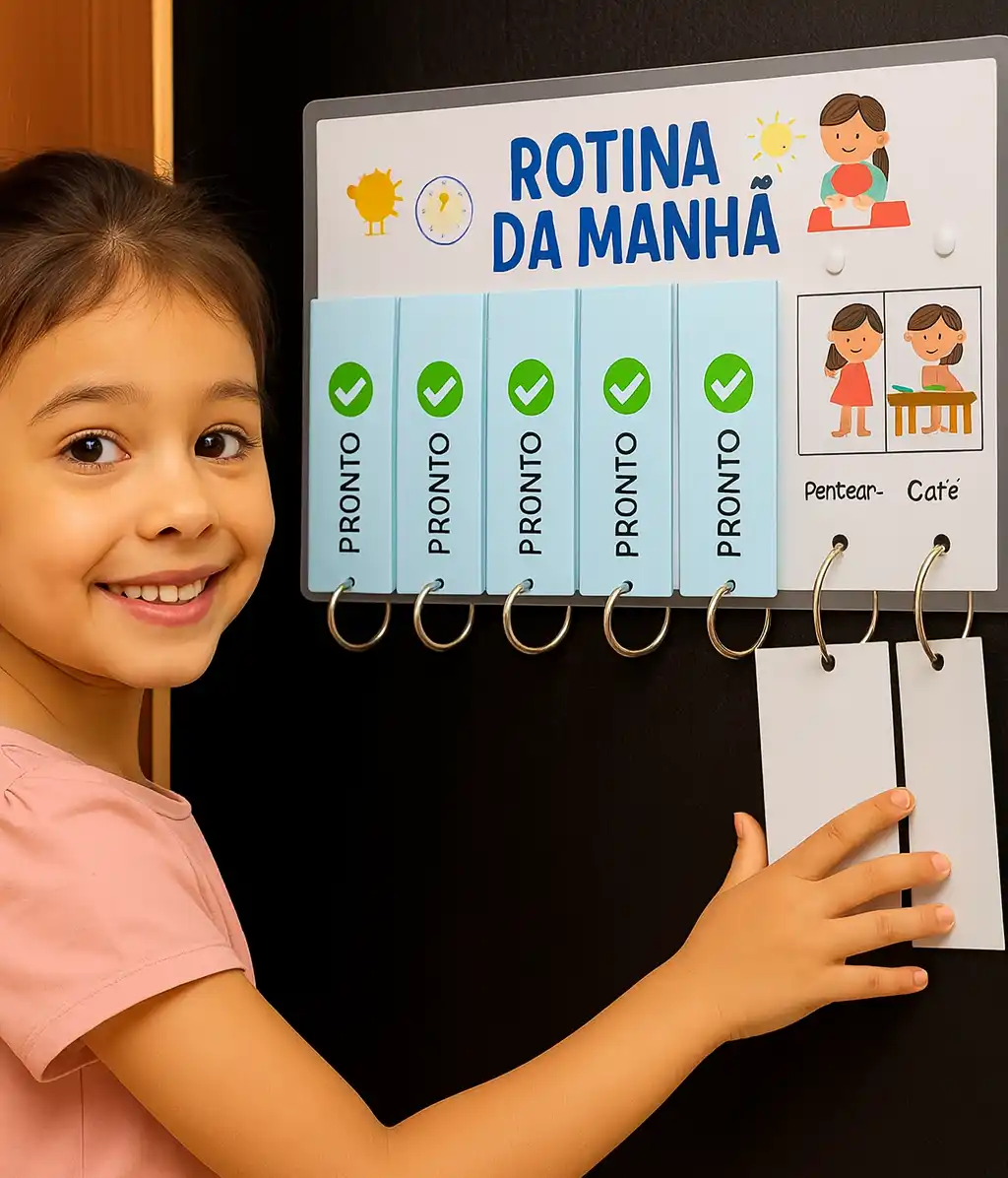 Criança usando quadro de rotinas